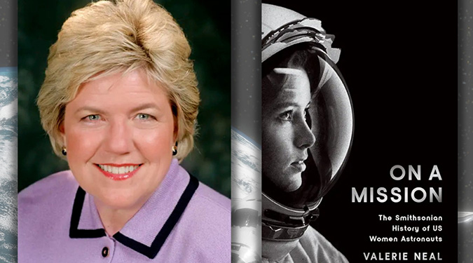 Portrait of a smiling woman in a purple jacket beside the cover of "On a Mission" book, showing a woman in a spacesuit helmet, creating an inspirational tone.