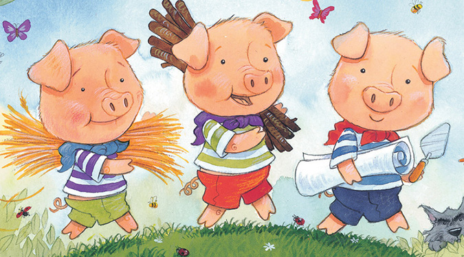 Three cheerful cartoon pigs are walking on grass under a bright sky. Each carries building materials: straw, sticks, and bricks. Butterflies flutter nearby while a grey wolf hides in the bottom right corner.
