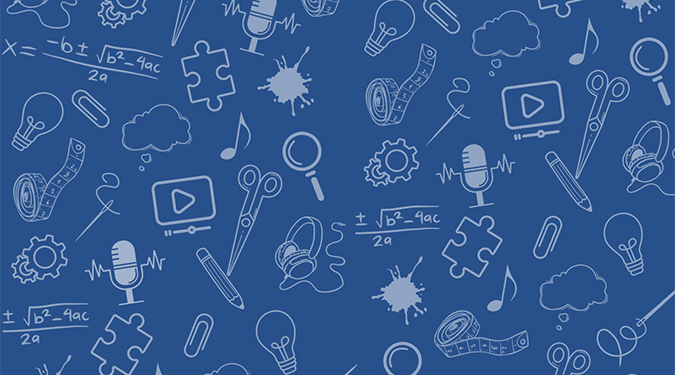 Blue background with white line art of light bulbs, microphones, puzzle pieces, and mathematical equations, symbolizing creativity and learning.