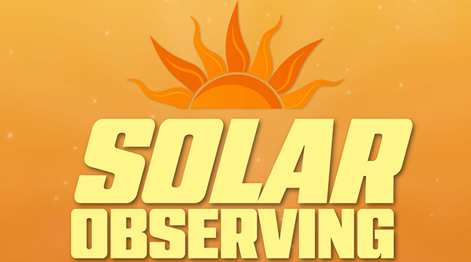 Bold yellow text 'Solar Observing' on an orange background with a stylized sun above, conveying warmth and enthusiasm for solar exploration.