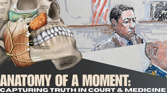 Illustrated composite showing a side view of the human jaw and courtroom sketch with two people. Text reads: "Anatomy of a Moment: Capturing Truth in Court & Medicine."